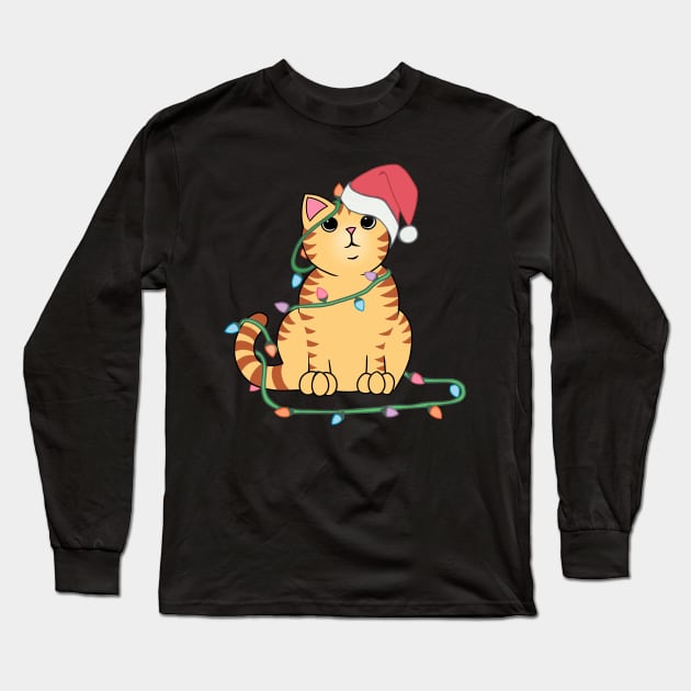 Orange Tabby Cat Christmas lights funny cat lover xmas hat Long Sleeve T-Shirt by xenotransplant